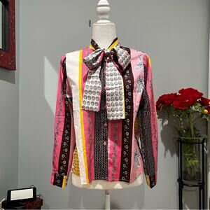 NEW Five Cats Retro Stripe Floral Academia Statement Bow Multicolor Blouse NWT M